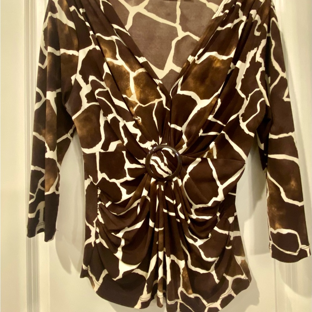 Cato Brown and Cream Ruched Wrap Blouse 3/4 Sleeve